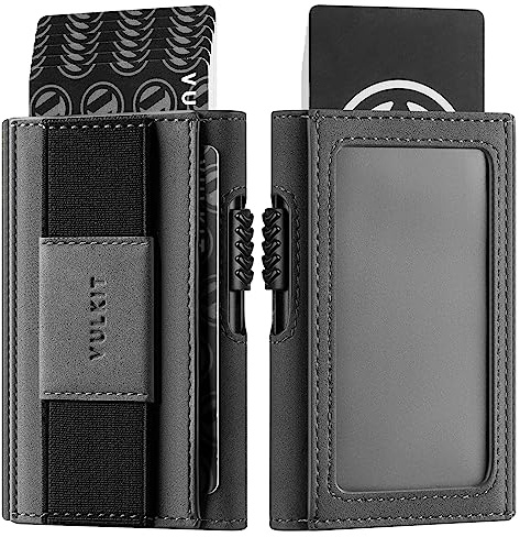 VULKIT Leder Slim Wallet mit Ausweisfenster und Geldklammer, Inneres Automatisches Pop-Up Kreditkartenetui aus Aluminium, RFID/NFC Blocker Portemonnaie