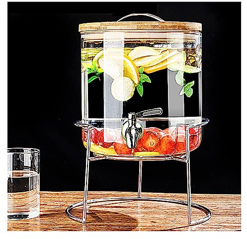 WYJRO Dispensador De Bebidas De Cristal,Jarra De Vidrio Botella con Grifo Y Tapa De Madera De Bambu para Dispensador Bebidas Botella Vidrio Bebida Caliente O Fría para Fría,Café,B Faucet+Bracket,5L