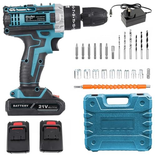 Cordless Drill, 21V Electric Drill Screwdriver Kit with 25+1 Torque, 2 Speed with 2 Batteries 2.0Ah, Combi for Home and Garden DIY Project (Blue)