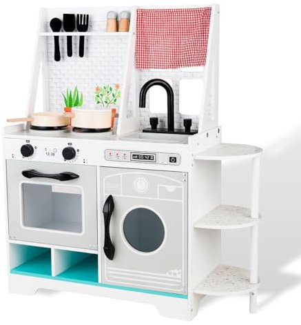 WOODENFUN Set da cucina in legno per bambini, cucina giocattolo con accessori di cucina regalo per ragazze ragazzi, età 3+, dimensioni: 81x71x28cm