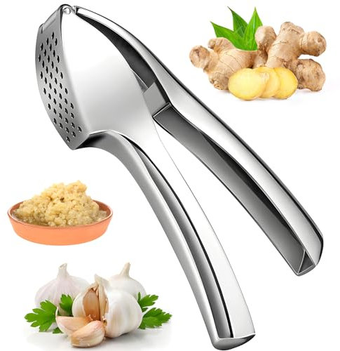 Vecibel Knoblauchpresse Edelstahl mit Wippe Griffe Würfel Premium Knoblauchschneider Garlic Press Leicht zu Reinigen Spülmaschinenfest scheiben silber