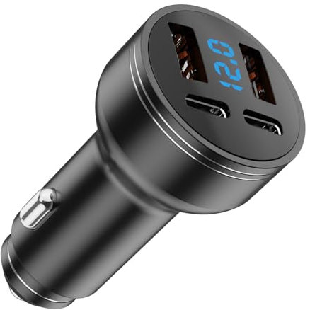 126W USB C Auto Ladegerät, Zigarettenanzünder USB C Adapter 2PD + 2USB 4-Port KFZ Ladegerät USB C mit LED Voltmeter DC12-24V, mit Android, Tablet und Allen Smartphones