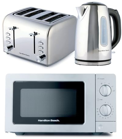 Hamilton Beach Kettle Toaster Microwave Set, Electric Kettle, Toaster 4 Slice, Microwave, Kettle & Toaster Set, Rise, 1.7L Kettle, Wide Slot Toaster, 700W Microwave, Polished, Stainless Steel - HBKTMP
