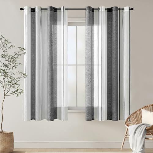 EMEMA Kurz Vorhänge mit Ösen Grau-Weiss Streifen Voile Gardinen Moderner Wohnzimmer 2er Set Stores Schals mit Ösenschal Halbtransparent Dekorieren Schlafzimmer Vorhang 140x145cm