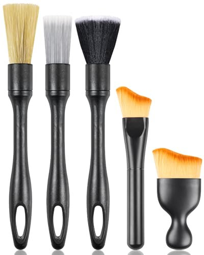Caianwin 5pcs Car Cleaning Brush Set, Ultra Soft Hair Car Dust Sweeping Soft Bristle Brush, Boars Car Detailing brushes, Microfiber Car Interior Brush for Cleaning Interior/Exterior of Car