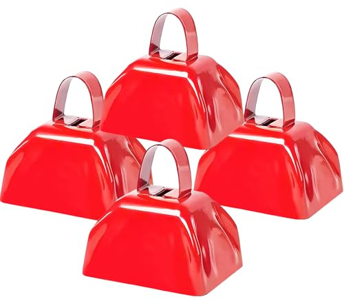 Metal Cow Bell Noise Maker - 3 Inch Pack of 4 - Small Loud Metal Cowbell Noisemaker with Handle - Great for Football Games, Sporting Events, Weddings, New Year's Eve, Birthday Parties
