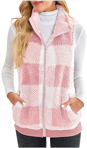 Women's Gilets Clearance Teddy Fleece Plaid Waistcoat Gilet Sherpa Fluffy Vest Body Warmer Lightweight Cozy Gilet Ladies Winter Warm Jacket Fuzzy Sleeveless Coat Checked Outwear
