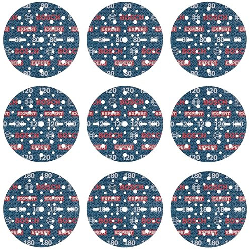 Bosch EXPERT O780 Lot de 9 disques abrasifs 150 mm (pour bois dur, peinture sur bois, Ø 150 mm, grain 3 x 80, 3 x 120, 3 x 180, accessoires professionnels ponceuse excentrique)