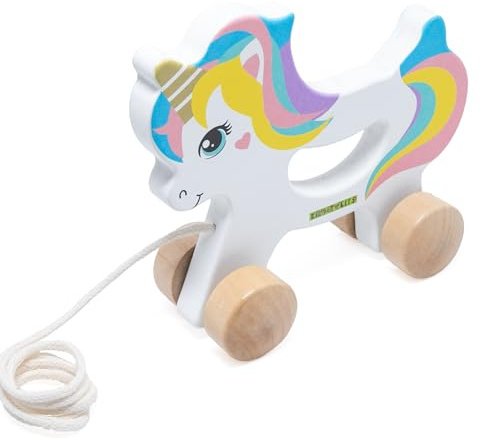 Nachziehspielzeug Einhorn aus Holz, kindgerechtes Lernspielzeug, Kinderspielzeug zum Ziehen, Schieben und Spielen