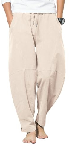 LAOARA Pantalon en lin pour homme été Pantalon long léger avec ceinture élastique Pantalon en lin décontracté avec poches, beige, M