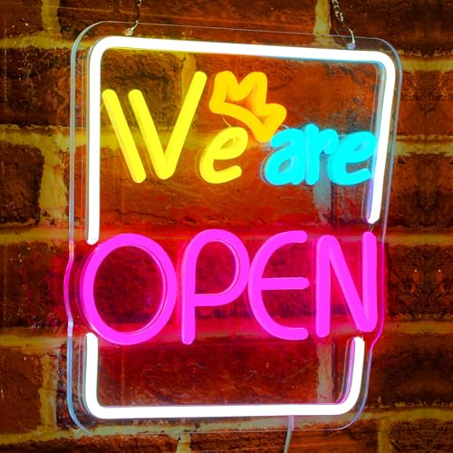 Rdutuok LED Offenes Schild We are Open 30,5x30 cm Beleuchtetes Open Schild mit LED & USB Offenes Neon Leuchtschild für Bar, Café, Laden, Club