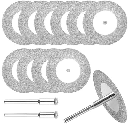 Junchamp 10Pcs 40mm Diamond Cutting Disc Cut Off Wheels with 2Pcs Mandrel 1/8'' Shank Stone Blade for Rotary Tool Drill Attachment Cutting Discs Polishing Glass Tiles Marble Plastic Jade (1.57in)