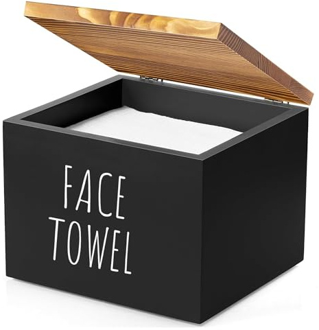 Wooden Face Towel Holder Box – Disposable Face Cloth Storage Organizer with Lid – Facial Towelette & Wipe Holder for Bathroom Vanity – Elegant Wood Tissue Dispenser for Makeup Remover (Black)
