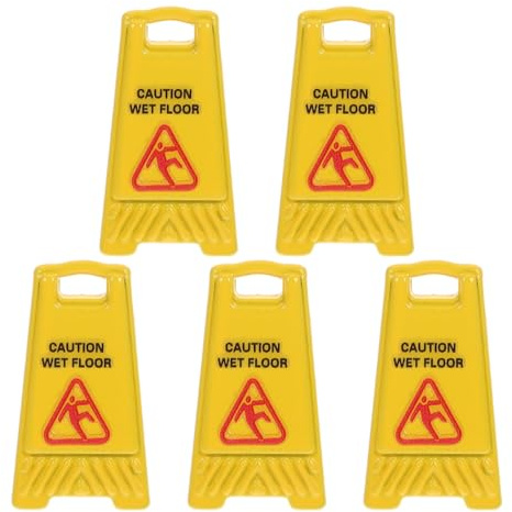 DOITOOL Segnale di avvertimento in miniatura per pavimento bagnato, 5 pezzi, accessori per casa delle bambole, realistici, mini scivolosi quando bagnati, cartelli per giochi di ruolo, sicurezza