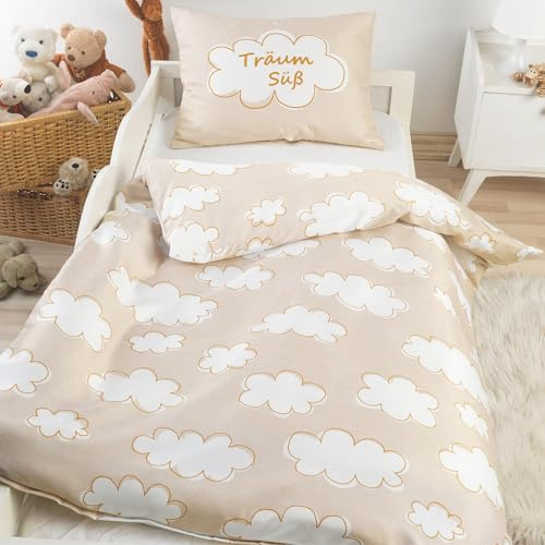 BaSaTex Baby/Kinder Bettwäsche Set, 100x135 cm 40x60 cm, Wölkchen | 100% Bio Baumwolle, GOTS-Zertifiziert, Rundumgummizug, 140gsm