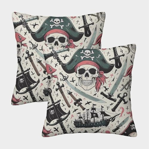 WXLWHR Fundas De Cojines con Cráneo Juego De 2 Funda Almohadón Elementos Pirata Calavera Lavable Poliéster Decorativos para Sala De Estar Sofá Coche 40x40cm