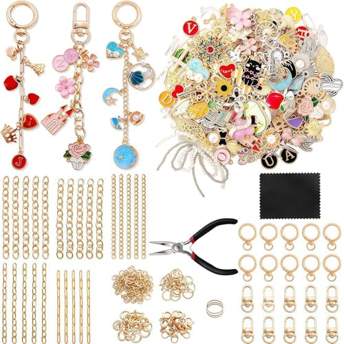 AstraGlam 325 Stück Schlüsselanhänger Bastelset –Basteln Charms Anhänger Set, Schmuck Bastelzubehör, DIY Perlen & Anhänger Set für Taschenanhänger, Schlüsselanhänger und Schmuckherstellung