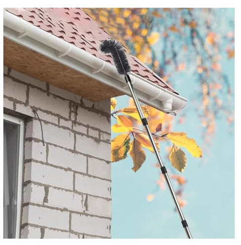 WDJBPSH Gutter Cleaning Tools From Ground, Outside Telescopic Gutter Cleaner for Removing Leaves Debris From Roof Eaves/Drainage Trench, Metal Extension Rod with Brush Heads(360cm(9 sections))