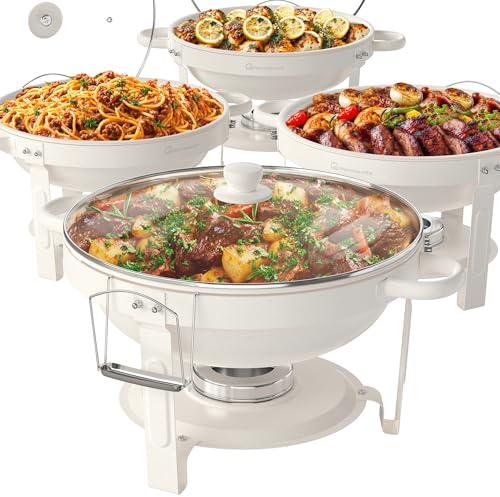 WARMOUNTS Chafing Dish Buffet 5L 4er Set Weiße, Maifan Stein Beschichtung Rund Speisenwärmer für Catering mit Glasdeckel & Deckelhalter, Hochglanzpoliert Edelstahl Stapelbar für Feiern, Hochzeit