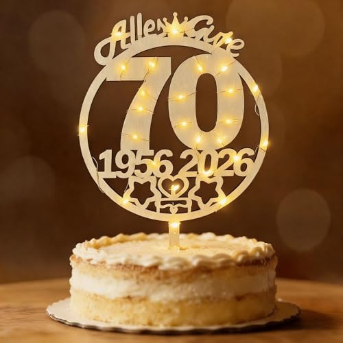 Tortendeko 70 Geburtstag Frau Mann 1956-2026, Seutgjie Deko 70. Geburtstag Jubiläum Cake Topper Holz mit LED Lichterkette Tortenaufleger Blumenstecker