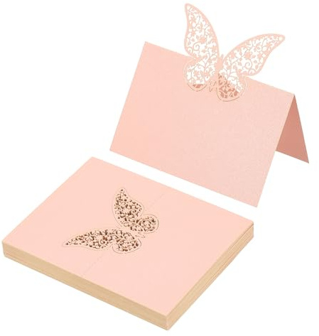 PATIKIL 50 Piezas De Tarjetas De Lugar Para Bodas, Tarjetas De Nombre Para Mesa De Boda Cortadas Con laser En Forma De Mariposa Tarjetas De Nombre Plegables Para Mesa, Rosa