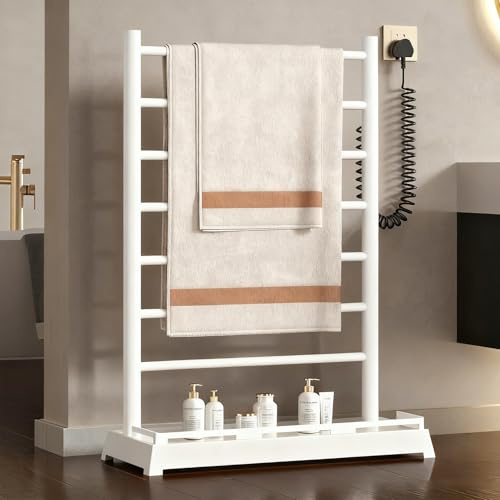 Scaldasalviette Elettrico Bagno Da Terra in Alluminio, Termoarredo Elettrico Bagno Basso Consumo 220w Con Timer E Display LED 35-70℃ Di Temperatura Regolabili, 55x24x86cm (Bianco)