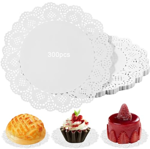 EJRUP 300pcs Tortenspitze Rund, Tortendeckchen, Spitzenpapier für Kuchen, Tassenuntersetzer Papier, PapierSpitze Kuchen Papier (4.5inch)