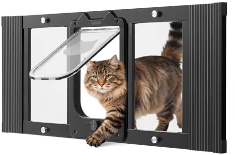 VEVOR Chatière pour Chat Convient aux Fenêtres de 787 à 914 mm, Porte de Fenêtre pour Animal Domestique en Aluminium Verre Haute Transparence, 4 Modes de Verrouillage, Fermeture Magnétique, Noire