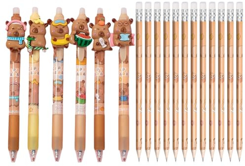 18 Pezzi Penne Capibara, 6 Capybara Penne Cancellabile 0.5 mm e 12 Capibara Matite 2B con Gomma, Penna Gel Kapybara Set Cancelleria Carino per Bambini, Disegno, Scrittura, Scuola e Ufficio (Nero)