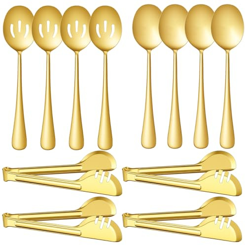 PercyEffie 12PCS Gold Stainless Steel Serving Utensils, Large Serving Spoons,Slotted Spoons Servings Tongs Appetizer Tongs for Buffet Catering Banquet Party (Gold)