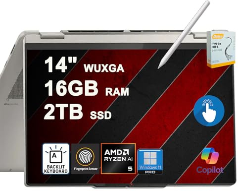 Lenovo Yoga 7 2-in-1 Laptop | 14 WUXGA OLED Touch (100% DCI-P3 600nits HDR) | AMD 6-core Ryzen AI 5 340 (Up to 50 Tops) | 16GB DDR5 2TB SSD Backlit Fingerprint w/Pen Win11Pro w/DLCA Accessory