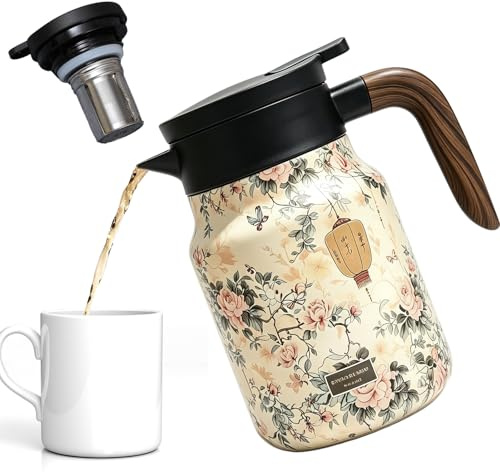 Tetera vintage de 1000 ml, diseño floral vintage, termo con colador de té, termo con diseño de flores vintage, jarra térmica, para el hogar, apartamento (rosa)