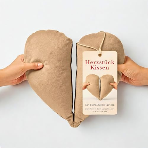 wollyflaushi HERZSTÜCK Herz Kissen teilbar 25cm Beige – Kleine Nähe | HERZKISSEN Ein Herz Zwei Hälften, Geschenk für Paare, Valentinstag, Fernbeziehung, Liebesgeschenk für Männer & Frauen
