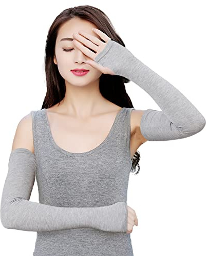 Bellady Women Outdoor Sun Block Soft Long Arm Sleeves Fingerless Gloves,Gray