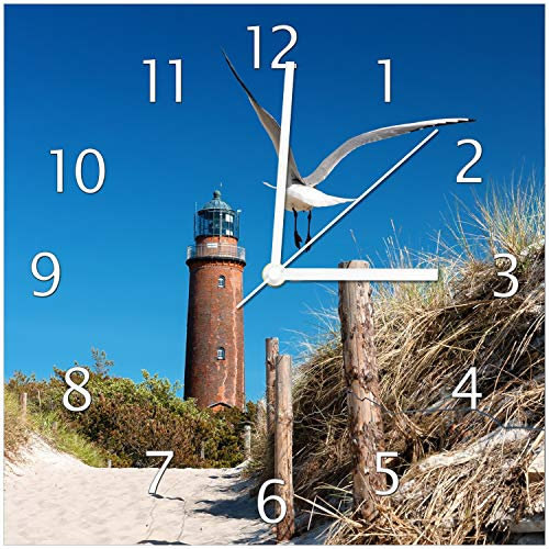 Wallario Design-Wanduhr Möwe am Strand mit Leuchtturm aus Glas, Motiv-Uhr Größe 30 x 30 cm, weiße Zeiger