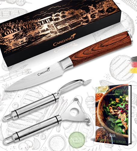 Caridano® Obstmesser Set - 1x Gemüsemesser Holzgriff mit Klingenschutz - 2x Schälmesser - Scharfes Messer für Gemüse mit hochwertiger Stahlklinge - Obst Messerset inkl. 20 Rezepte
