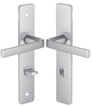 Vachette Set de Poignée de Porte sur Plaque KAZA - Version à Condamnation pour Porte de WC et Salle de Bain - Entraxe 195 mm - Matériau Aluminium Résistant - Garantie 10 Ans - Finition Argent