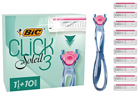 BIC Click 3 Soleil Sensitive Rasoio da Donna Ricaricabile, 1 Manico in Plastica Riciclata al 30%, 10 Ricariche, Striscia Emolliente, Blu - Confezione da 1+10 Unità