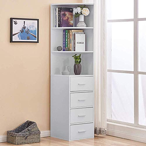 BELIFEGLORY Tall Corner Cabinet Bookcase, White Wooden 3-Tier Bookshelf with 4 Drawers, Floor Standing Storage and Display Rack for Bedroom, Living Room, Home Office