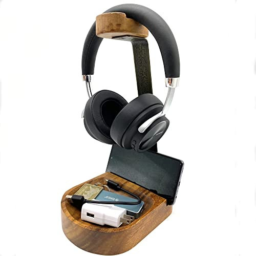 WRIGHTMART Wooden Headphone Stand, Universal Headset Holder, Desktop Earphone Hanger with Cell Phone Slot and Large Catch All Base, Made of Acacia Wood with Steel Support