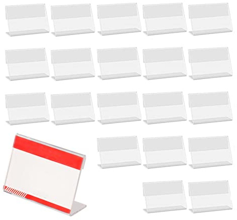 20 stycken transparent etiketthållare, mini-akrylskyltar, namn etikett stativ pris biljetter taggar 9 x 6 cm