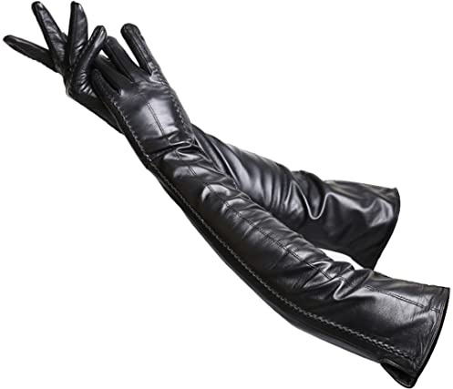 55-56CM Schwarz Schaffell Lange Lederhandschuhe Mode Accessoires Damen Lange Handschuhe Warm und Lang Damen Lederhandschuhe Schwarz 2 8,5