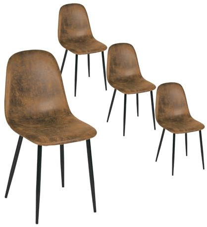FurnitureR Juego de 4 sillas de comedor de ante sintético escandinavo vintage para comedor, cocina, sala de estar, patas negras, marrón