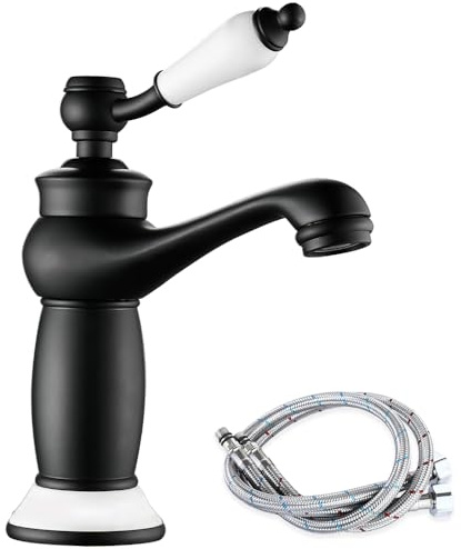 Retro Bathroom Sink Tap, Victorian Bathroom Basin Mixer Tap, Brass, Black | Luxury Vintage Faucet for Cloakroom, Ceramic Handle & Base, Flexible Tails