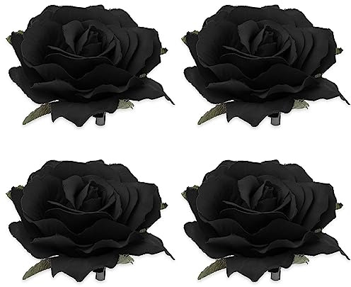 Sibba 4 Stück Blumen-Haarspangen-Korsagen Rosen-Pin-Brosche Große Boutonniere-Haarspangen Schmuck Ballett-Tanz-Kopfbedeckung Stoffschleife Haarnadel-Kopfbedeckung Outfits Party Hochzeit Event(Schwarz)