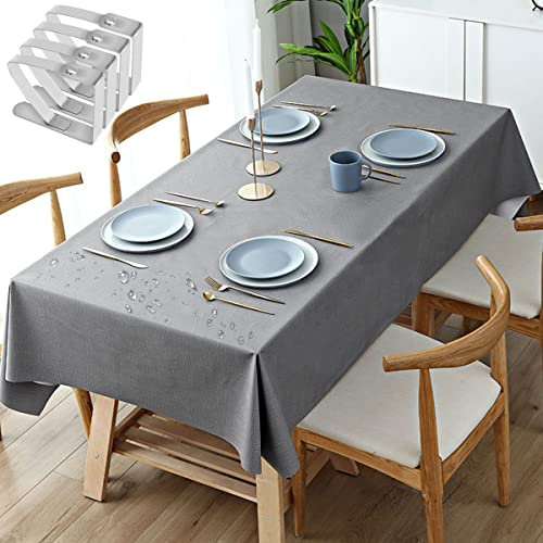 Tischdecke Fleckschutz Abwaschbar Tischwäsche Wasserdicht Tischtuch PVC Plastik-Tischdecken mit Tischdeckenklammern für Esszimmer, Garten, Party, Hochzeiten oder Haushalt, Grau (Größe:140x200cm