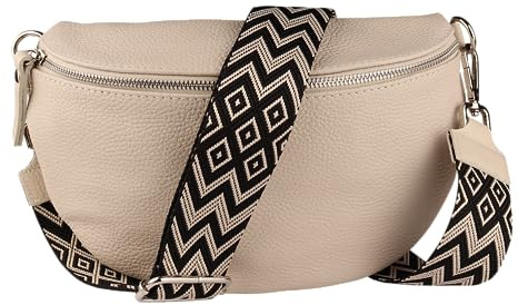 MIRROSI® Bauchtasche Damen, Echtleder, Made in Italy, Umhängetasche, Brusttasche, Crossbody Bag (1 Tasche & 2 Gurte) (Beige (Bohemian Beige Schwarz), Große Tasche (28x18x9cm))
