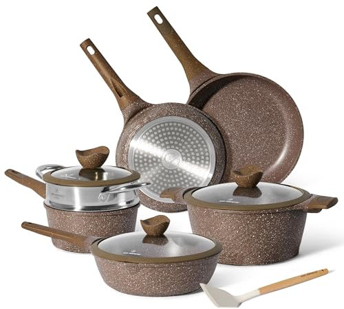 JUST PERFECTO Batterie de cuisine induction - set de casseroles avec couvercle en verre - casserole tout feux - poele anti adhesive - poele sans PFOA et sans PTFE - lot avec des poêles