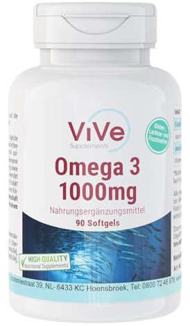 Omega 3 1000mg - 90 Softgels - Omega 3 aus Fischöl - mit EPA, DHA und Vitamin E - Hochdosiert - Qualität aus Deutschland - ViVe Supplements