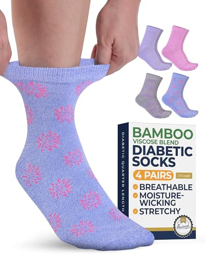 Pembrook Ankle Diabetic Socks for Women & Men - 4 Pairs Sun Pack (Pink, Gray, Purple, Blue), Moisture-Wicking, Wide Top, Quarter Non Binding Socks